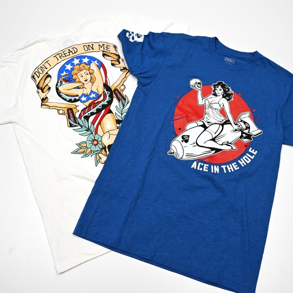 Zero Foxtrot Mens Shirts Small Pin Up Girls Bombs Guns Skulls One Blue One White